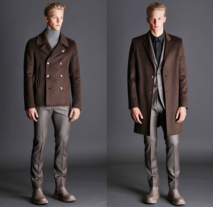 Calvin Klein Collection 2014 Pre Fall Mens Presentation - Pre Autumn Collection - Minimalist Silky Metallic Trousers Outerwear Trench Coat Peacoat Turtleneck Waffle Quilted Jacket City Roadmap Print Motif : Designer Denim Jeans Fashion: Season Collections, Runways, Lookbooks and Linesheets