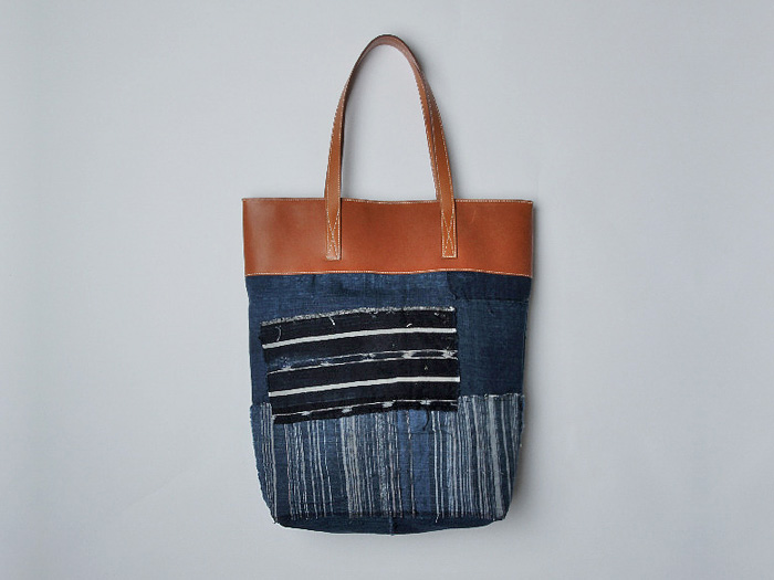 Lger Antique Japanese Boro Denim Tote Bag Barnia Tan Leather - Very Limited Edition Hand Made in France #madeindenim #denimfinds #fridayfinds #fridaydenimfinds