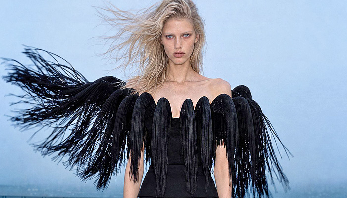 David Koma 2027 Spring Summer Womens - 1990s Figure Skater Satin Crystals Mother-of-Pearl Sequins Knot Balloon Skirt Cutout Fringes