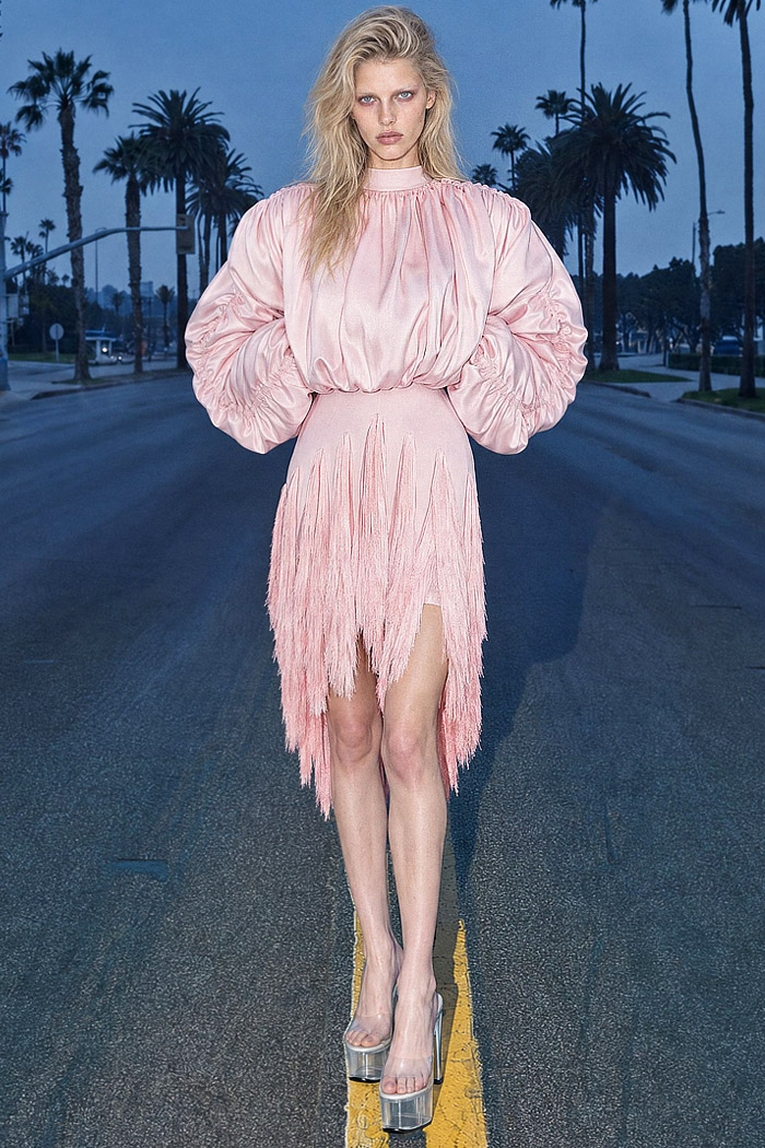 David Koma 2027 Spring Summer Womens - 1990s Figure Skater Satin Crystals Mother-of-Pearl Sequins Knot Balloon Skirt Cutout Fringes
