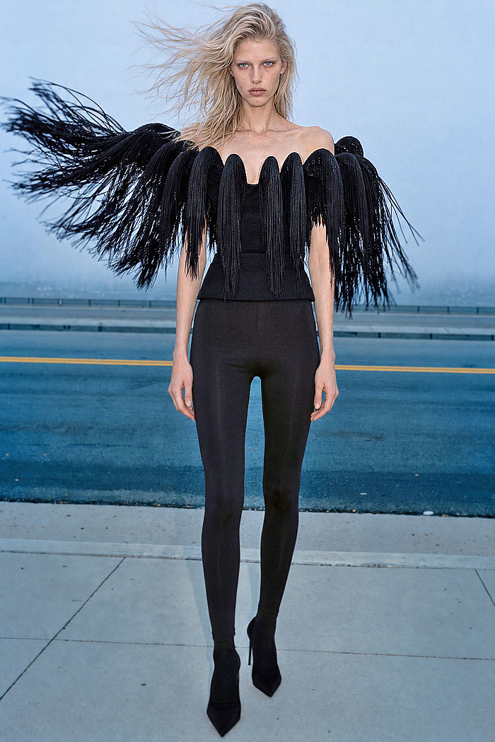David Koma 2027 Spring Summer Womens - 1990s Figure Skater Satin Crystals Mother-of-Pearl Sequins Knot Balloon Skirt Cutout Fringes