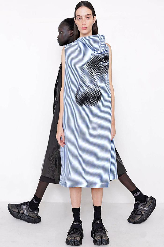 Melitta Baumeister 2027 Spring Summer Womens Fashion - Angular Cone Balloon Shift Dress Corduroy Denim Coat Stripes Face Fringes