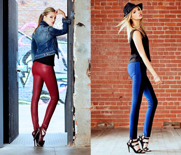 (02a) Mya Coated Jeans in Oxblood - (02b) Mya Color Block Jeans in Blueblack - Articles of Society 2013-2014 Fall Winter Campaign: Designer Denim Jeans Fashion: Season Collections, Runways, Lookbooks and Linesheets