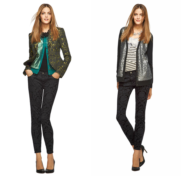 L’Wren Scott for Banana Republic 2013 Holiday Collection - 2013-2014 Fall Winter Womens - Ornamental Printed Jeans Metallic Sequins Embellishments Adorned Loungewear Pantsuit Blazer Cardigan Knit Flowers Florals: Designer Denim Jeans Fashion: Season Collections, Runways, Lookbooks and Linesheets
