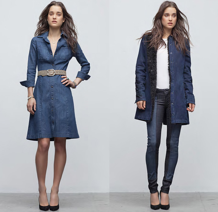 (2a) Brooke One Piece Denim Shirt-Dress in Bespoke - (2b) Chelsea in Venus Chunky Coat - Logan Lowrise Skinny Moto Jeans in Rider - Citizens of Humanity 2013 Fall Autumn Womens Lookbook Picks: Designer Denim Jeans Fashion: Season Collections, Runways, Lookbooks and Linesheets