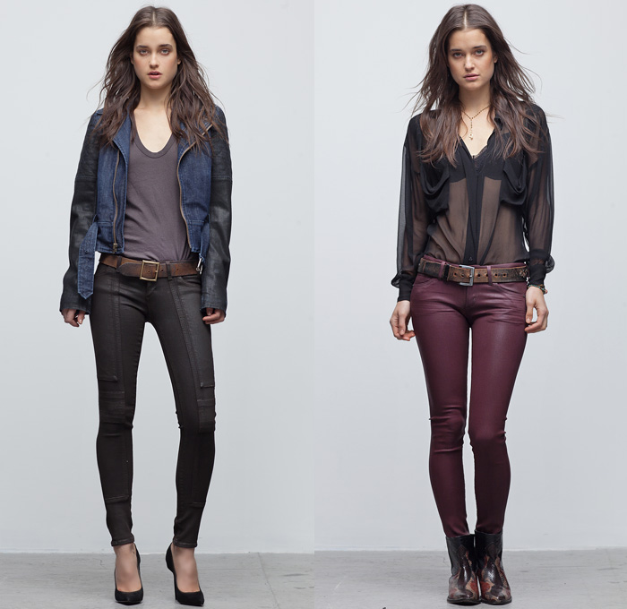 (6a) Moto Multi-Panel Denim-Leather Jacket in Runaway - Logan Jeans in Suede Lava - (6b) Racer Lowrise Skinny Jeans in Rubia - Citizens of Humanity 2013 Fall Autumn Womens Lookbook Picks: Designer Denim Jeans Fashion: Season Collections, Runways, Lookbooks and Linesheets