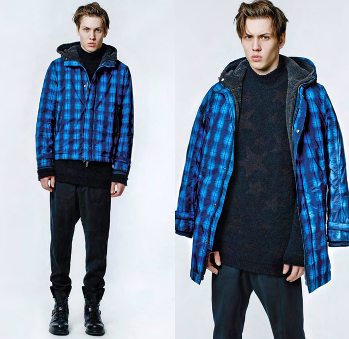 Costume and Costume 2013-2014 Winter Mens Lookbook Collection - Costume National New Fashion Line January 2014 Launch - Denim Jeans Motorcycle Biker Pants Knit Cardigan Outerwear Pea Coat Bomber Jacket Parka Furry Plaid Blue