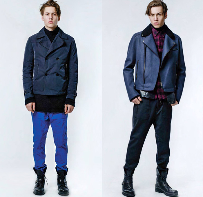 Costume and Costume 2013-2014 Winter Mens Lookbook Collection - Costume National New Fashion Line January 2014 Launch - Denim Jeans Motorcycle Biker Pants Knit Cardigan Outerwear Pea Coat Bomber Jacket Parka Furry Plaid Blue