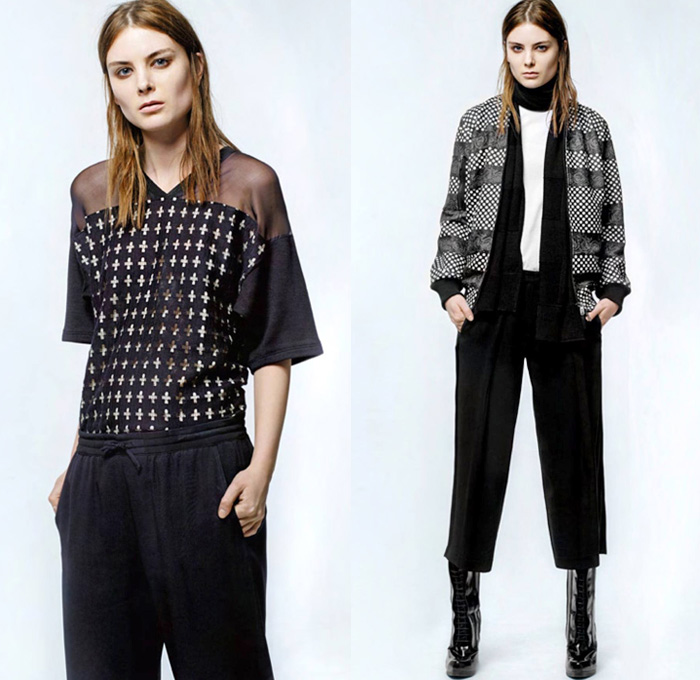 Costume and Costume 2013-2014 Winter Womens Lookbook Collection - Costume National New Fashion Line January 2014 Launch - Motorcycle Biker Jeans Pants Outerwear Coat Bomber Jacket Parka Furry Jogging Sweatpants Sheer Chiffon Peek-A-Boo Polka Dots Pantsuit