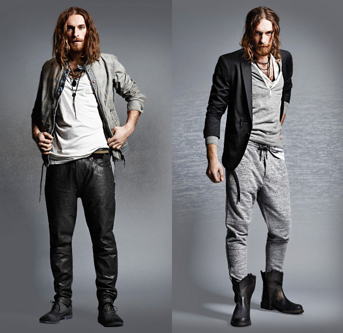 (03a) Meeby Banded Collar Striped Denim Jacket & Patu Leather Biker Jeans - (03b) Pisau Sweatpants - Diesel 2013-2014 Fall Winter Preview Mens Collection: Designer Denim Jeans Fashion: Season Collections, Runways, Lookbooks and Linesheets