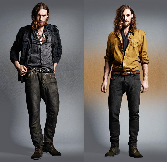 (04a) Saturno R Striped Denim Button Down Shirt - (04b) SFrancis RS Button Down Plain Weave Shirt - Diesel 2013-2014 Fall Winter Preview Mens Collection: Designer Denim Jeans Fashion: Season Collections, Runways, Lookbooks and Linesheets