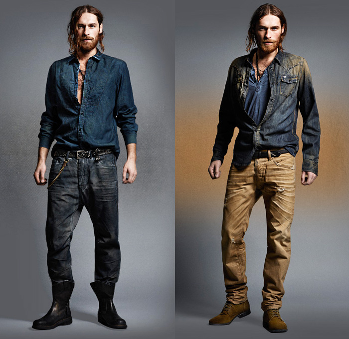 (05a) Shuko Bib Panel Threading Denim Shirt - (05b) Sodera Low V Front Yoke Denim Shirt - Diesel 2013-2014 Fall Winter Preview Mens Collection: Designer Denim Jeans Fashion: Season Collections, Runways, Lookbooks and Linesheets