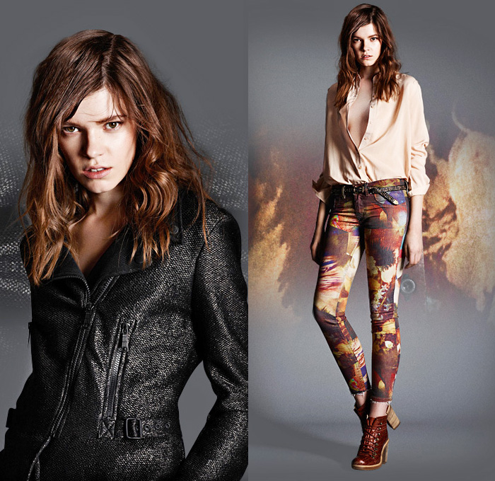 (05a) F Premise A Motorcycle Jacket - (05b) Livier Ankle 111s Floral Printed Skinny Jeans - Diesel 2013-2014 Fall Winter Preview Womens Collection: Designer Denim Jeans Fashion: Season Collections, Runways, Lookbooks and Linesheets