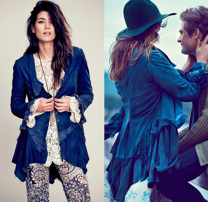 (4) Lacey Inset Suede Jacket Embroidered Lace Detailing - Free People 2013 December Womens Catalog Sneak Peek - 2013-2014 Fall Autumn Winter Collection - Carpenter Flare Denim Jeans Bomber Jacket One Piece Overalls Leather Color Block Marching Band Suede: Designer Denim Jeans Fashion: Season Collections, Runways, Lookbooks, Linesheets & Ad Campaigns