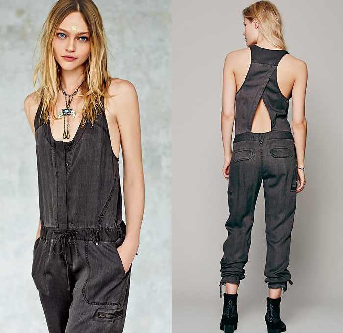 (10) Roaring Rayon Jumpsuit Slouchy Utilitarian One Piece Coveralls Crossover Back - Free People 2014 January Womens Catalog Sneak Peek - 2014 Winter Resort Transition Fashion Collection - Skinny Flare Denim Jeans Shorts Lace Maxi Dress Flowers Floral Bomber Jacket Fringes Crop Top Midriff Bralette Crochet Vest Ombre Cape One Piece Jumpsuit