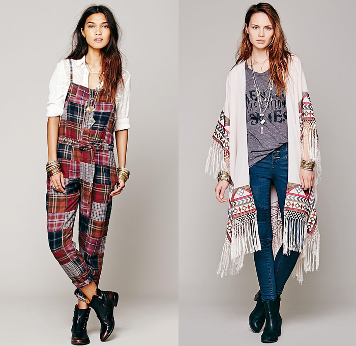 (4a) Hampshire One Piece Soft Flannel Overalls Salopette - (4b) Kirn Geometric Embroidery and Woven Fringe Kimono - Free People 2013 September Womens Catalog Sneak Peek - Pre Fall Autumn Collection: Designer Denim Jeans Fashion: Season Collections, Runways, Lookbooks, Linesheets & Ad Campaigns