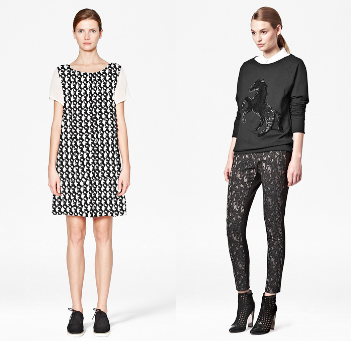 (06a) Horse Lace Tunic Dress - (06b) Lily Skinny Jacquard Trousers - French Connection 2013-2014 Fall Winter Womens Lookbook - FCUK Autumn Collection: Designer Denim Jeans Fashion: Season Collections, Runways, Lookbooks and Linesheets