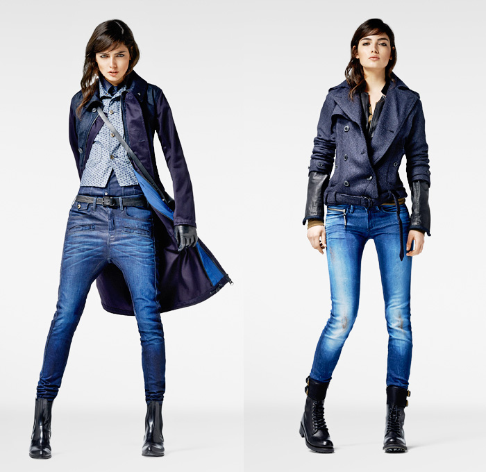 (02a) Davin Jaq Gilet - Davin Overcoat - DAVIN Denim Jeans - (02b) Naus Short Trench Biker - MIDGE Sculpted Denim Jeans - G-Star RAW 2013-2014 Winter Womens Lookbook: Designer Denim Jeans Fashion: Season Collections, Runways, Lookbooks and Linesheets