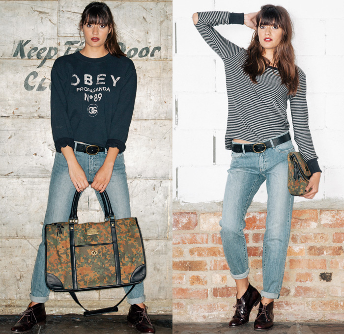 (01a) Stovepipe Rollers Denim Jeans and Berlin Duffle Bag - (01b) Distant Shore Top Pullover Sweater, Stovepipe Rollers Denim Jeans and Berlin Satchel Purse - OBEY Clothing 2013 Fall Womens Lookbook - Casual Streetwear Skate Apparel 2013 Autumn: Designer Denim Jeans Fashion: Season Collections, Runways, Lookbooks and Linesheets