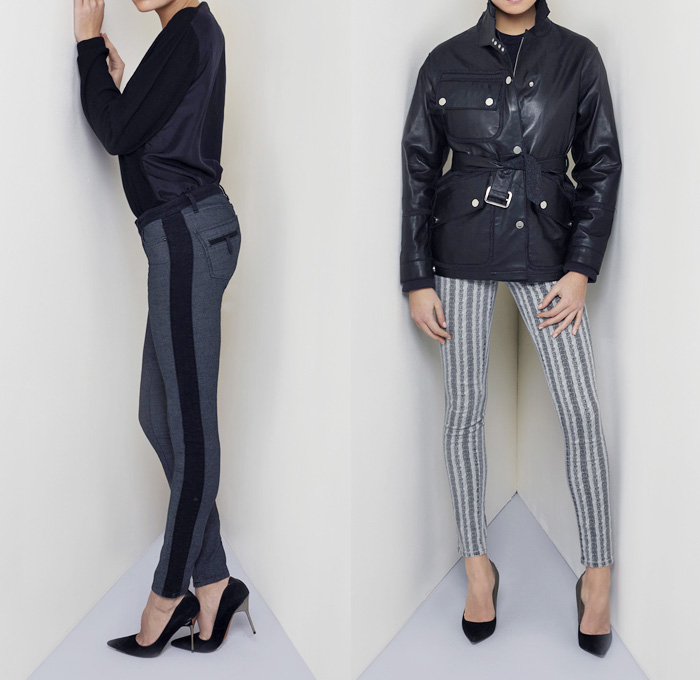 (3a) Greta Col. Grey Marl Tuxedo Stripe Jeans - (3b) Kit Col. Ebonised Field Jacket - Lucas Col. Blumenfeld Print Striped Jeans - Twenty8Twelve 2013-2014 Fall Winter Womens Denim Collection: Designer Denim Jeans Fashion: Season Collections, Runways, Lookbooks and Linesheets