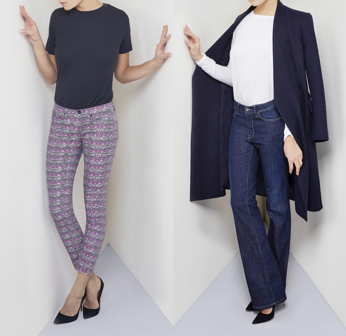 (6a) Ray In Col. Mono Print Pink Jeans - (6b) Lombard Col. Navy Coat - Marlon Col. Original Blue Wide Leg Denim Jeans - Twenty8Twelve 2013-2014 Fall Winter Womens Denim Collection: Designer Denim Jeans Fashion: Season Collections, Runways, Lookbooks and Linesheets