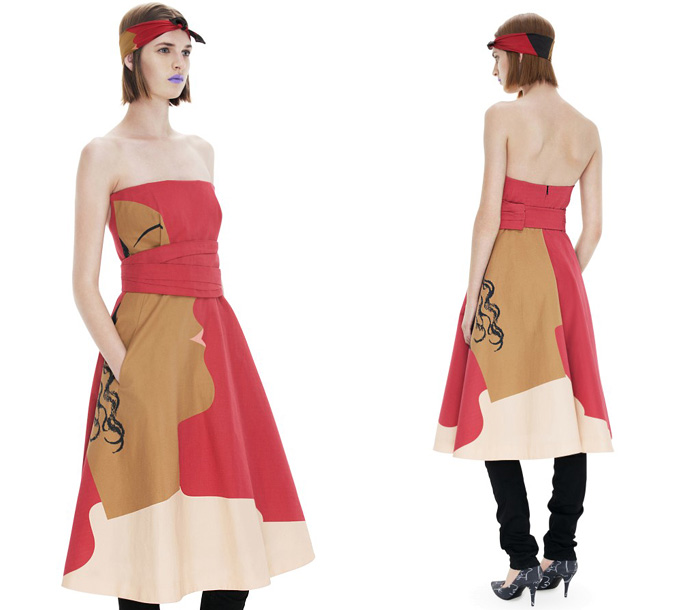 (5) Bardot Red Head Print Full Strapless Dress with Detachable Belt - Acne 2013 Summer Womens Capsule Collection: Designer Denim Jeans Fashion: Season Collections, Runways, Lookbooks and Linesheets