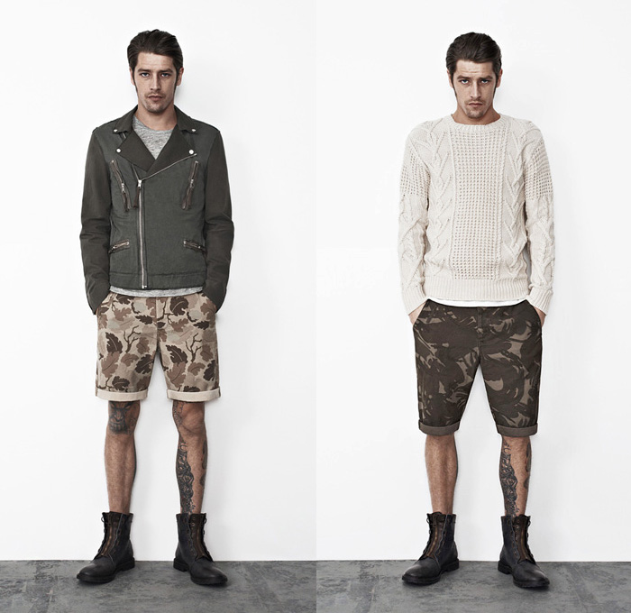 (1a) Sanshiro Shorts Leaves Print - (1b) Lothian Crew Jumper Chunky Knit & Camo Shorts - AllSaints 2013 Spring April Mens Lookbook: Designer Denim Jeans Fashion: Season Collections, Runways, Lookbooks and Linesheets