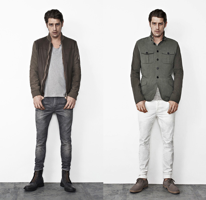 (3a) Senso Cigarette Jeans - (3b) Okinawa Military Blazer & Sodium Cigarette Jeans - AllSaints 2013 Spring April Mens Lookbook: Designer Denim Jeans Fashion: Season Collections, Runways, Lookbooks and Linesheets