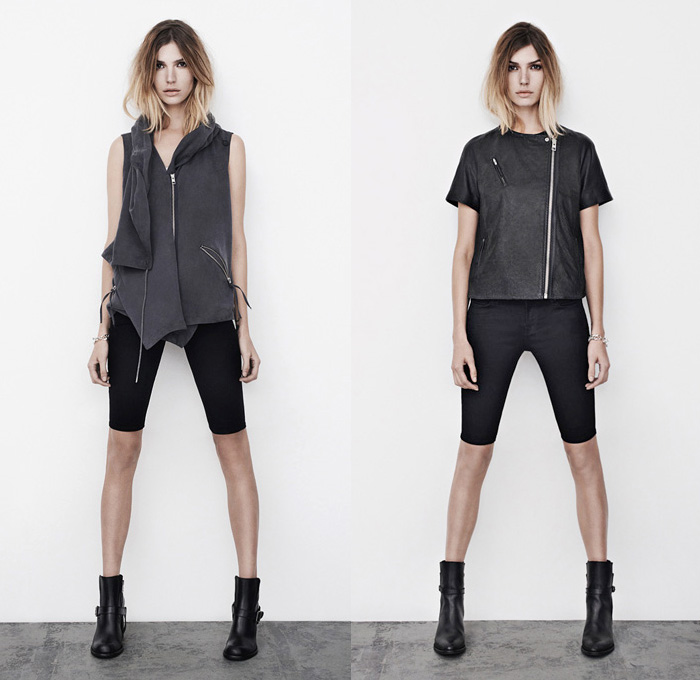 (3a) Roseport Bike Shorts Super Stretch Black Denim - (3b) Reptile Quad Biker Jacket Short Sleeve - AllSaints 2013 Spring April Womens Lookbook: Designer Denim Jeans Fashion: Season Collections, Runways, Lookbooks and Linesheets