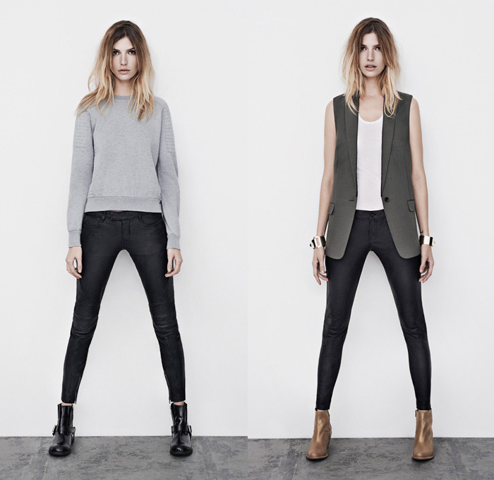 (5a) Ridley Sweat Jumper & Leather Biker Lambskin Trouser - (5b) Tali Sleeveless Blazer & Harrah Pipe Skinny Leather Trouser - AllSaints 2013 Spring April Womens Lookbook: Designer Denim Jeans Fashion: Season Collections, Runways, Lookbooks and Linesheets