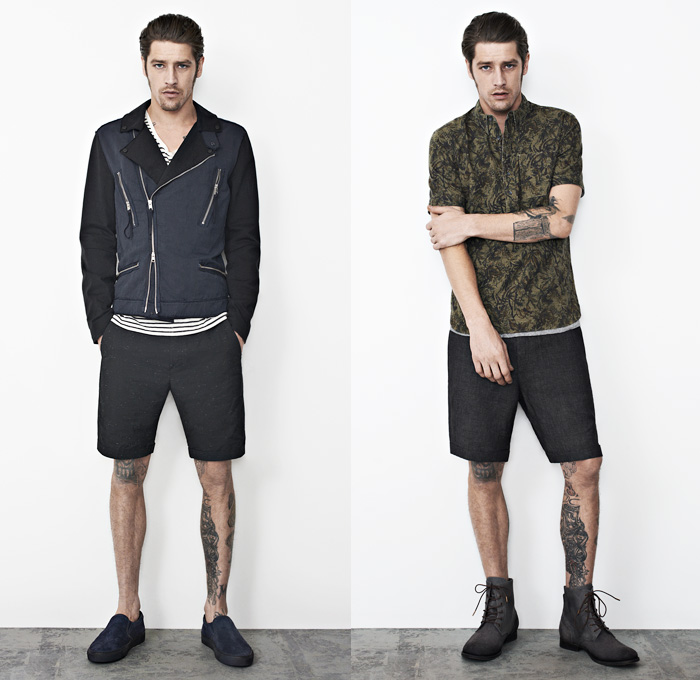 (1a) Hakusan Biker Jacket Italian Prato Cotton Linen Blend Yarn - (1b) Makana Short Sleeved Khaki Hawaiian Style Print Shirt - AllSaints 2013 Spring May Mens Lookbook: Designer Denim Jeans Fashion: Season Collections, Runways, Lookbooks and Linesheets