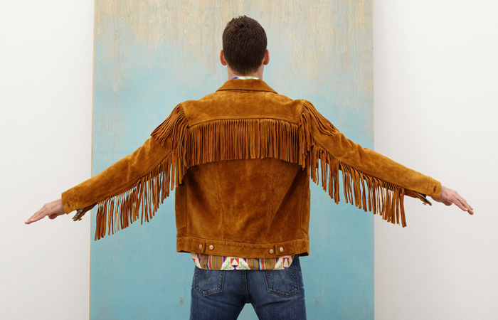 (8) Fringed Suede Type II  Honey Yellow Cowhide Leather Jacket & Tack Slim Denim Jeans - Levi’s Made & Crafted 2013 Spring Summer Mens Looks: Designer Denim Jeans Fashion: Season Collections, Runways, Lookbooks and Linesheets