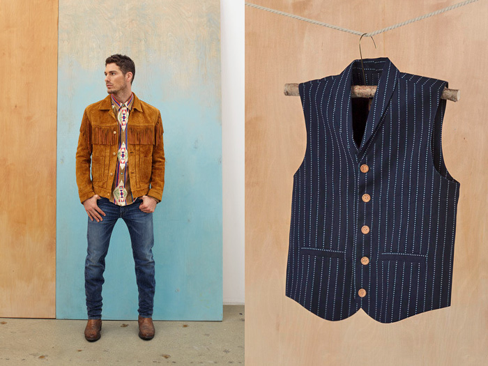 (9a) Fringed Suede Type II  Honey Yellow Cowhide Leather Jacket & Tack Slim Denim Jeans - (9b) Shawl Collar Vest in Wabash Dots - Levi’s Made & Crafted 2013 Spring Summer Mens Looks: Designer Denim Jeans Fashion: Season Collections, Runways, Lookbooks and Linesheets