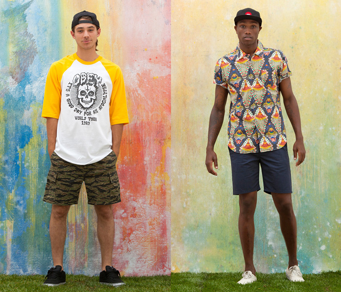 (4a) TF Cargo Shorts Camouflage Pattern - (4b) Kasbah Woven Print Shirt - OBEY Clothing 2013 Summer Mens Lookbook: Designer Denim Jeans Fashion: Season Collections, Runways, Lookbooks and Linesheets