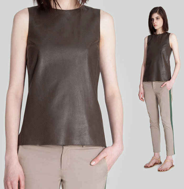 (4) Perforated Leather Sleeveless Shell & Tricolor Strapping Pants - Vince. 2013 Summer Womens Lookbook: Designer Denim Jeans Fashion: Season Collections, Runways, Lookbooks and Linesheets