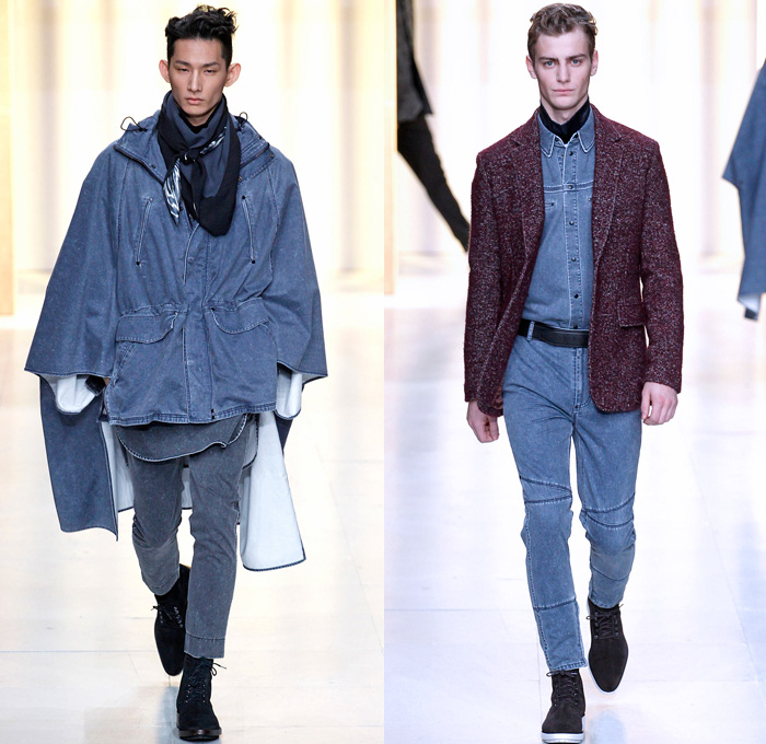 3.1 Phillip Lim 2014-2015 Fall Autumn Winter Mens Runway Looks Fashion - Paris Fashion Week Mode à Paris Masculine Défilés - Denim Jeans Poncho Robe Cloak Parka Motorcycle Biker Western Cowboy Blazer Oversized Outerwear Coat Rollup Flowers Florals Embroidery Bomber Jacket Vestcoat Multi-Panel Turtleneck Plaid Windowpane Check Horse Jogging Sweatpants