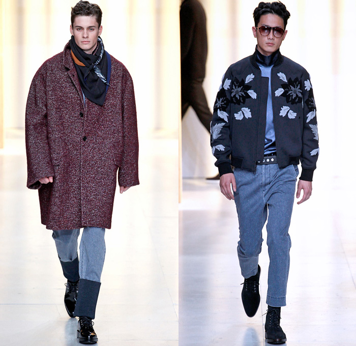 3.1 Phillip Lim 2014-2015 Fall Autumn Winter Mens Runway Looks Fashion - Paris Fashion Week Mode à Paris Masculine Défilés - Denim Jeans Poncho Robe Cloak Parka Motorcycle Biker Western Cowboy Blazer Oversized Outerwear Coat Rollup Flowers Florals Embroidery Bomber Jacket Vestcoat Multi-Panel Turtleneck Plaid Windowpane Check Horse Jogging Sweatpants