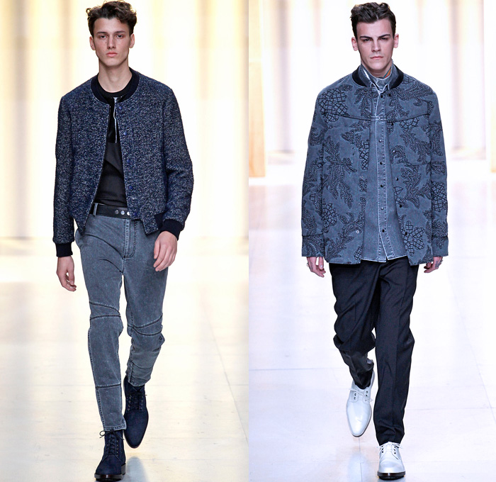 3.1 Phillip Lim 2014-2015 Fall Autumn Winter Mens Runway Looks Fashion - Paris Fashion Week Mode à Paris Masculine Défilés - Denim Jeans Poncho Robe Cloak Parka Motorcycle Biker Western Cowboy Blazer Oversized Outerwear Coat Rollup Flowers Florals Embroidery Bomber Jacket Vestcoat Multi-Panel Turtleneck Plaid Windowpane Check Horse Jogging Sweatpants