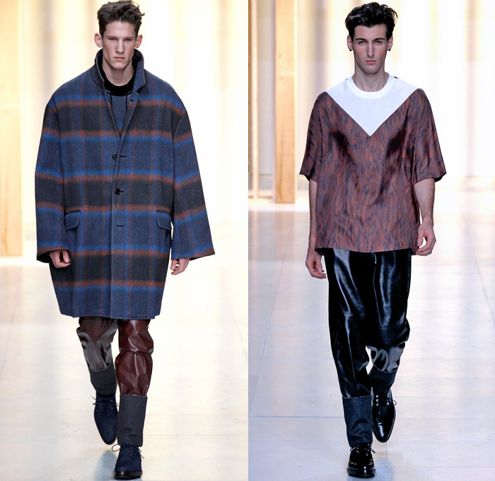 3.1 Phillip Lim 2014-2015 Fall Autumn Winter Mens Runway Looks Fashion - Paris Fashion Week Mode à Paris Masculine Défilés - Denim Jeans Poncho Robe Cloak Parka Motorcycle Biker Western Cowboy Blazer Oversized Outerwear Coat Rollup Flowers Florals Embroidery Bomber Jacket Vestcoat Multi-Panel Turtleneck Plaid Windowpane Check Horse Jogging Sweatpants