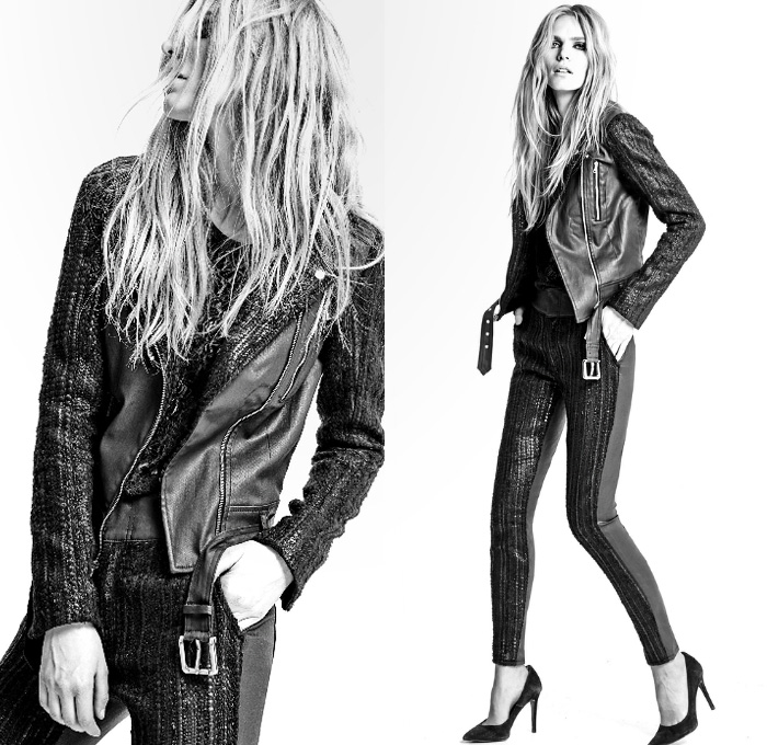 (1) Malhia Kent Pieced Moto Biker Jacket in Black - Malhia Kent Pieced Tailored Skinny with Buckles in Black - 7 For All Mankind 2014-2015 Fall Autumn Winter Womens Lookbook Fashion Collection - Denim Jeans Printed Coated Reptile Snake Motorcycle Biker Rider Jacket Skinny Lace Chino Pants Trousers Trench Jacket Pencil Skirt Raw Zips Zipper Cape Cloak Quilted