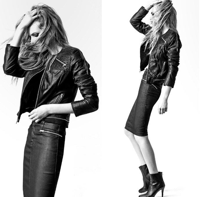 (5) Pleated Panel Moto Biker with Zips in Black - HW Pencil Skirt in Black Jeather - 7 For All Mankind 2014-2015 Fall Autumn Winter Womens Lookbook Fashion Collection - Denim Jeans Printed Coated Reptile Snake Motorcycle Biker Rider Jacket Skinny Lace Chino Pants Trousers Trench Jacket Pencil Skirt Raw Zips Zipper Cape Cloak Quilted