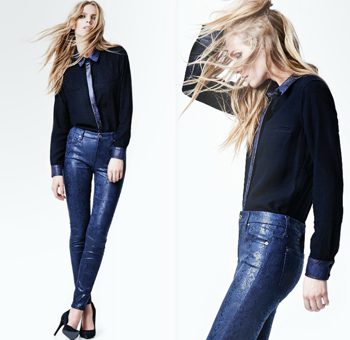 (8) Long Sleeve Reptile Placket Shirt in Navy Reptile - Knee Seam Skinny Jeans in Navy Matte Snake - 7 For All Mankind 2014-2015 Fall Autumn Winter Womens Lookbook Fashion Collection - Denim Jeans Printed Coated Reptile Snake Motorcycle Biker Rider Jacket Skinny Lace Chino Pants Trousers Trench Jacket Pencil Skirt Raw Zips Zipper Cape Cloak Quilted
