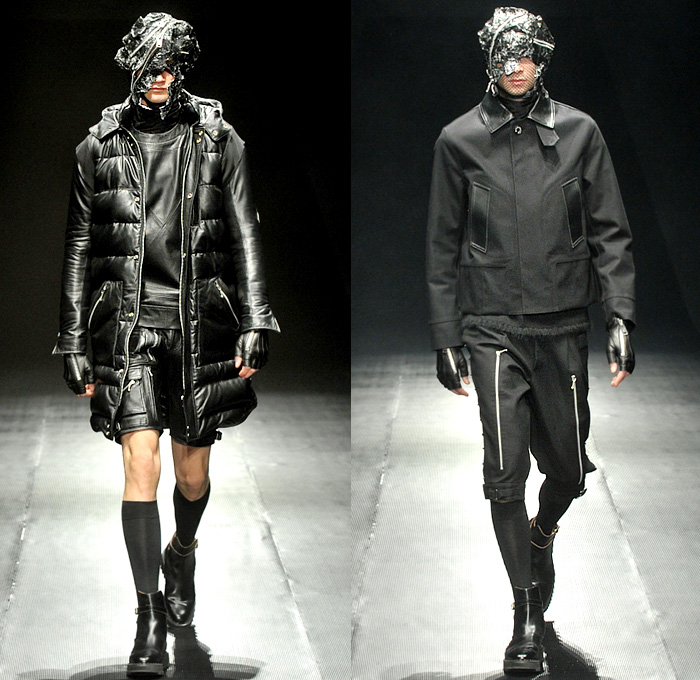 99%IS- by Bajowoo 2014-2015 Fall Autumn Winter Mens Runway Looks - Mercedes-Benz Fashion Week Tokyo Japan Catwalk Fashion Show - Black Apocalyptic Dark Shorts Zippers Leather Down Jacket Puffer Outerwear Trench Coat Motorcycle Biker Rider Cargo Pockets Cropped Gloves Mask Straps Crop Top Midriff Kilt Manskirt Jumpsuit Salopette Coveralls Dungarees Bib Brace Turtleneck Sweater Jumper Vest Waistcoat Trousers Pants Bomber Jacket Skinny Multi-Panel Metallic Studs Nautical