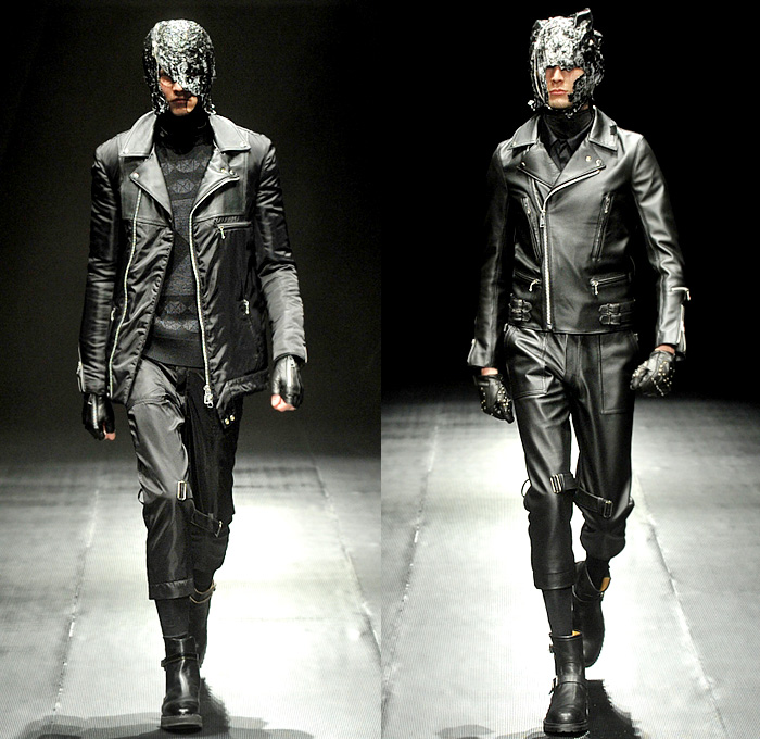 99%IS- by Bajowoo 2014-2015 Fall Autumn Winter Mens Runway Looks - Mercedes-Benz Fashion Week Tokyo Japan Catwalk Fashion Show - Black Apocalyptic Dark Shorts Zippers Leather Down Jacket Puffer Outerwear Trench Coat Motorcycle Biker Rider Cargo Pockets Cropped Gloves Mask Straps Crop Top Midriff Kilt Manskirt Jumpsuit Salopette Coveralls Dungarees Bib Brace Turtleneck Sweater Jumper Vest Waistcoat Trousers Pants Bomber Jacket Skinny Multi-Panel Metallic Studs Nautical