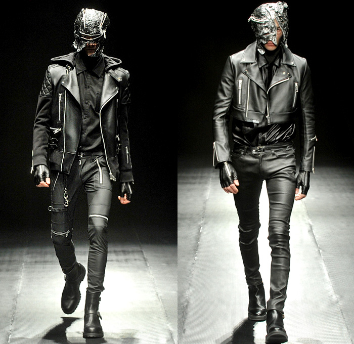 99%IS- by Bajowoo 2014-2015 Fall Autumn Winter Mens Runway Looks - Mercedes-Benz Fashion Week Tokyo Japan Catwalk Fashion Show - Black Apocalyptic Dark Shorts Zippers Leather Down Jacket Puffer Outerwear Trench Coat Motorcycle Biker Rider Cargo Pockets Cropped Gloves Mask Straps Crop Top Midriff Kilt Manskirt Jumpsuit Salopette Coveralls Dungarees Bib Brace Turtleneck Sweater Jumper Vest Waistcoat Trousers Pants Bomber Jacket Skinny Multi-Panel Metallic Studs Nautical