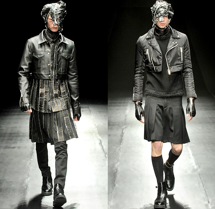 99%IS- by Bajowoo 2014-2015 Fall Autumn Winter Mens Runway Looks - Mercedes-Benz Fashion Week Tokyo Japan Catwalk Fashion Show - Black Apocalyptic Dark Shorts Zippers Leather Down Jacket Puffer Outerwear Trench Coat Motorcycle Biker Rider Cargo Pockets Cropped Gloves Mask Straps Crop Top Midriff Kilt Manskirt Jumpsuit Salopette Coveralls Dungarees Bib Brace Turtleneck Sweater Jumper Vest Waistcoat Trousers Pants Bomber Jacket Skinny Multi-Panel Metallic Studs Nautical