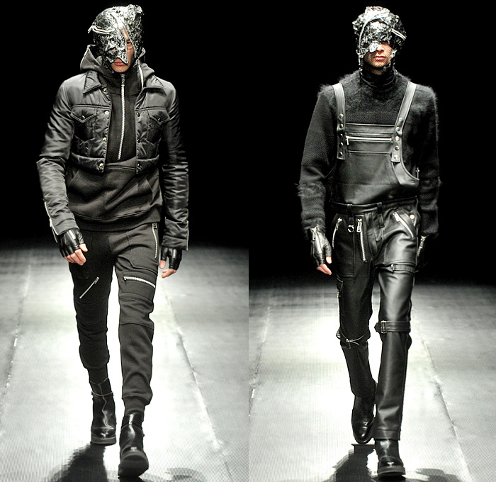 99%IS- by Bajowoo 2014-2015 Fall Autumn Winter Mens Runway Looks - Mercedes-Benz Fashion Week Tokyo Japan Catwalk Fashion Show - Black Apocalyptic Dark Shorts Zippers Leather Down Jacket Puffer Outerwear Trench Coat Motorcycle Biker Rider Cargo Pockets Cropped Gloves Mask Straps Crop Top Midriff Kilt Manskirt Jumpsuit Salopette Coveralls Dungarees Bib Brace Turtleneck Sweater Jumper Vest Waistcoat Trousers Pants Bomber Jacket Skinny Multi-Panel Metallic Studs Nautical