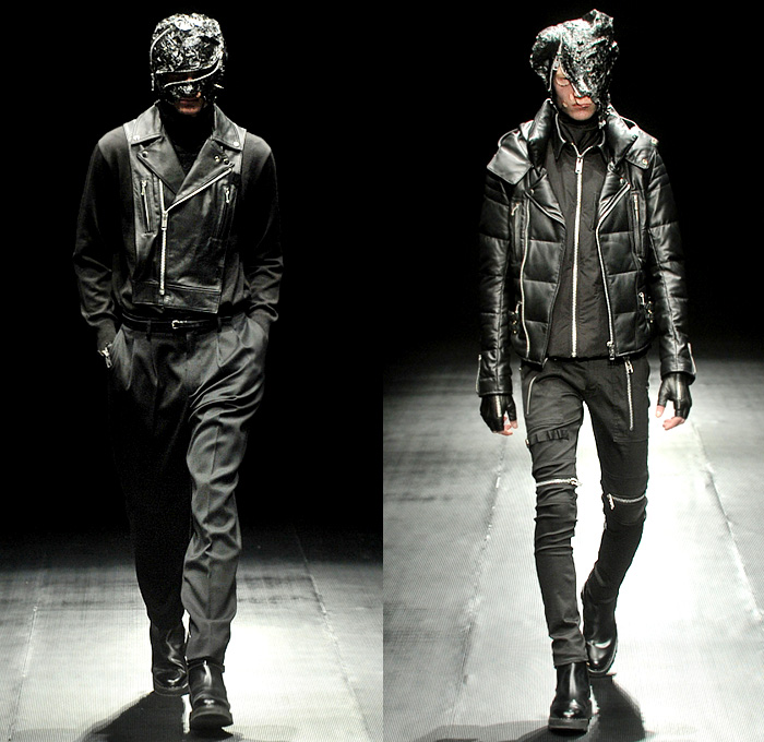 99%IS- by Bajowoo 2014-2015 Fall Autumn Winter Mens Runway Looks - Mercedes-Benz Fashion Week Tokyo Japan Catwalk Fashion Show - Black Apocalyptic Dark Shorts Zippers Leather Down Jacket Puffer Outerwear Trench Coat Motorcycle Biker Rider Cargo Pockets Cropped Gloves Mask Straps Crop Top Midriff Kilt Manskirt Jumpsuit Salopette Coveralls Dungarees Bib Brace Turtleneck Sweater Jumper Vest Waistcoat Trousers Pants Bomber Jacket Skinny Multi-Panel Metallic Studs Nautical