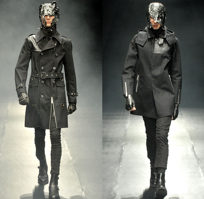 99%IS- by Bajowoo 2014-2015 Fall Autumn Winter Mens Runway Looks - Mercedes-Benz Fashion Week Tokyo Japan Catwalk Fashion Show - Black Apocalyptic Dark Shorts Zippers Leather Down Jacket Puffer Outerwear Trench Coat Motorcycle Biker Rider Cargo Pockets Cropped Gloves Mask Straps Crop Top Midriff Kilt Manskirt Jumpsuit Salopette Coveralls Dungarees Bib Brace Turtleneck Sweater Jumper Vest Waistcoat Trousers Pants Bomber Jacket Skinny Multi-Panel Metallic Studs Nautical