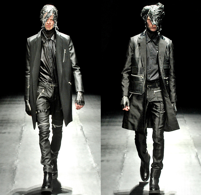 99%IS- by Bajowoo 2014-2015 Fall Autumn Winter Mens Runway Looks - Mercedes-Benz Fashion Week Tokyo Japan Catwalk Fashion Show - Black Apocalyptic Dark Shorts Zippers Leather Down Jacket Puffer Outerwear Trench Coat Motorcycle Biker Rider Cargo Pockets Cropped Gloves Mask Straps Crop Top Midriff Kilt Manskirt Jumpsuit Salopette Coveralls Dungarees Bib Brace Turtleneck Sweater Jumper Vest Waistcoat Trousers Pants Bomber Jacket Skinny Multi-Panel Metallic Studs Nautical